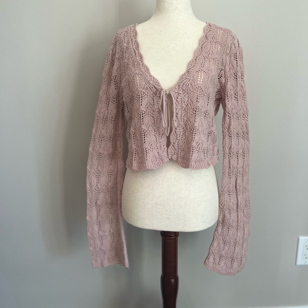Womens Boho Dainty Mauve Knit Tie-Front Cardigan Sweater